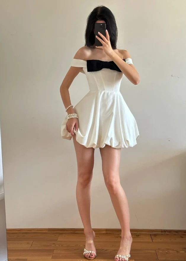 Elegant A-Line Off-Shoulder Bowknot White Short Homecoming Dress for Women