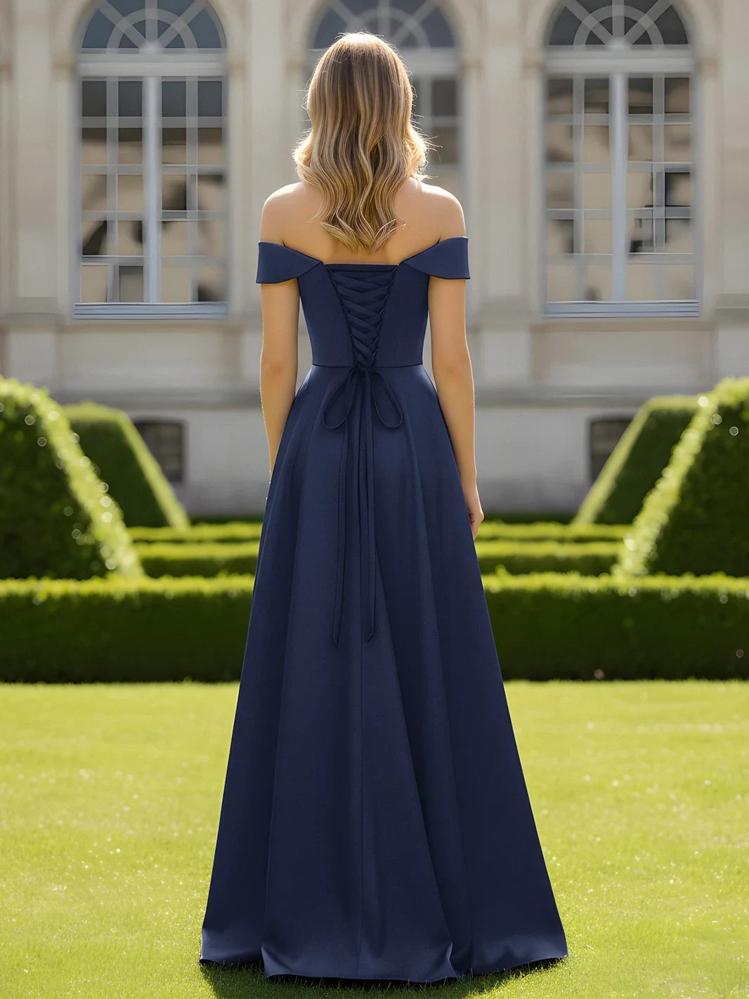 Elegant A-Line Off-Shoulder Corset Back Dark Navy Floor-Length Prom Gown