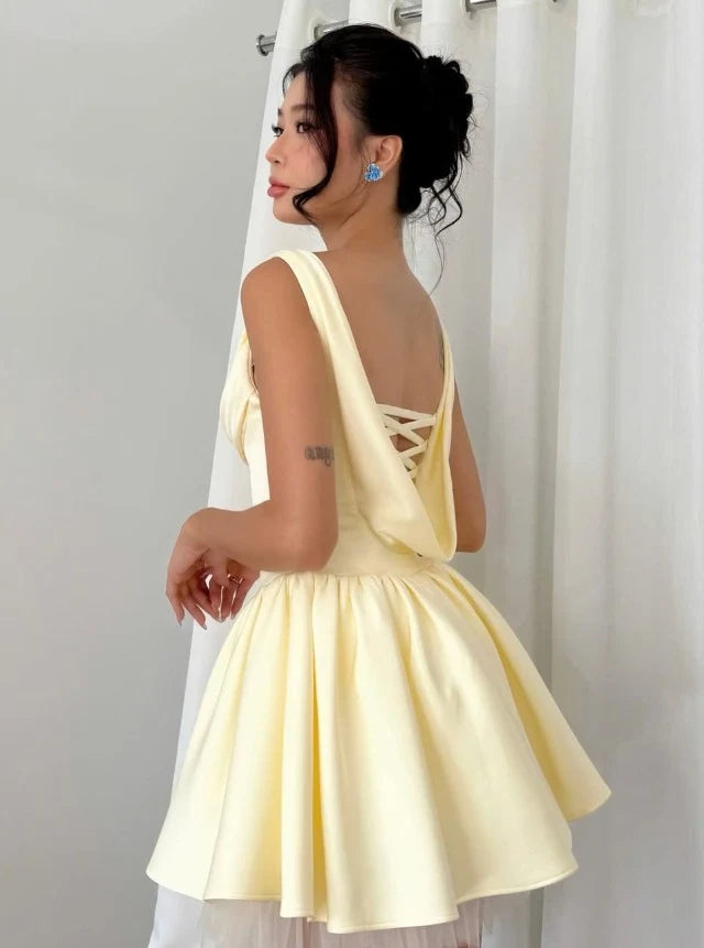 Elegant A-Line Off-Shoulder Corset Draped Pale Yellow Mini Homecoming Dress
