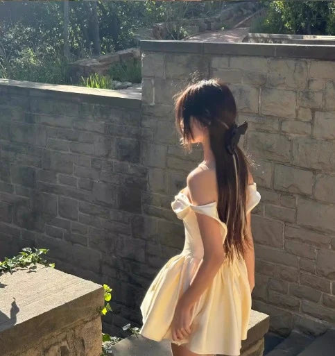Elegant A-Line Off-Shoulder Corset Draped Pale Yellow Mini Homecoming Dress