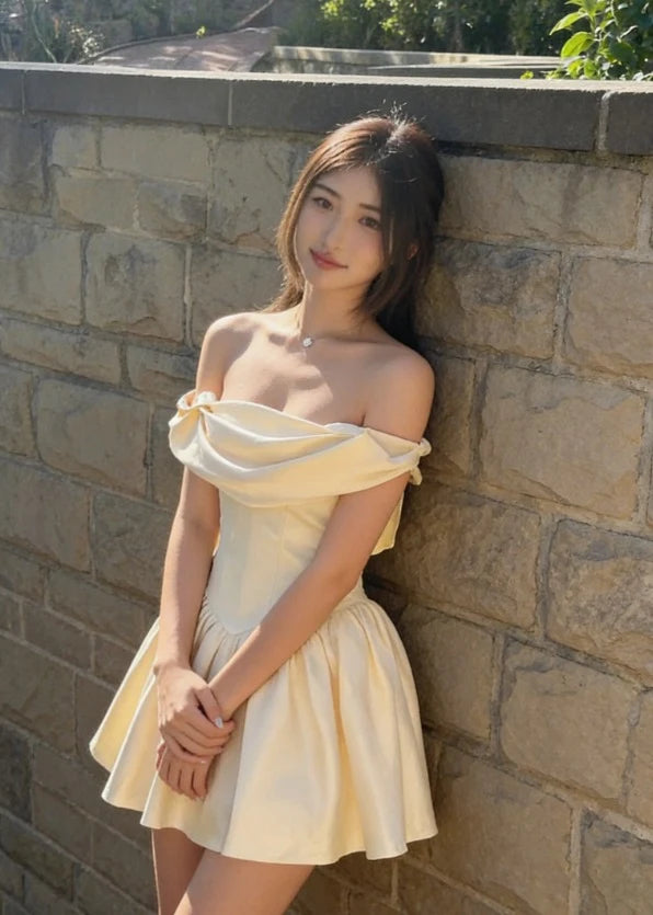 Elegant A-Line Off-Shoulder Corset Draped Pale Yellow Mini Homecoming Dress