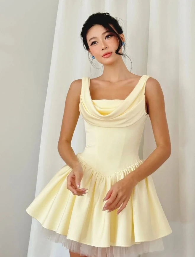 Elegant A-Line Off-Shoulder Corset Draped Pale Yellow Mini Homecoming Dress