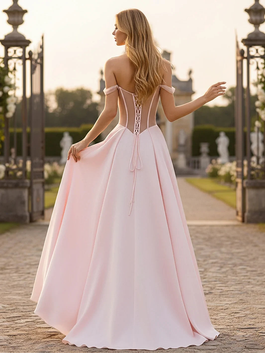 Elegant A-Line Off-Shoulder Corset Slit Blush Pink Floor-Length Prom Gown