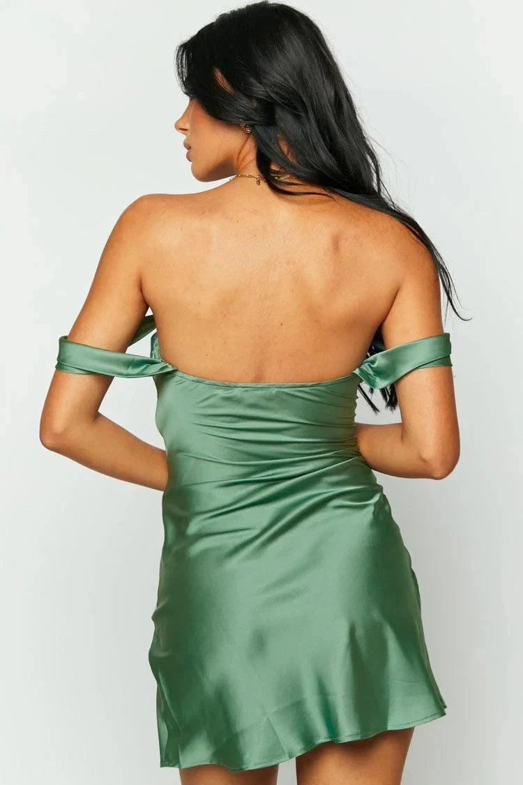 Elegant A-Line Off-Shoulder Draped Chic Green Mini Homecoming Dress Women's Attire