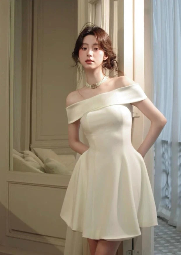Elegant A-Line Off-Shoulder Draped Ivory Short Homecoming Dress for Women