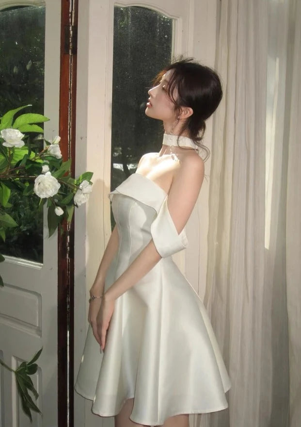 Elegant A-Line Off-Shoulder Draped Ivory Short Homecoming Dress for Women