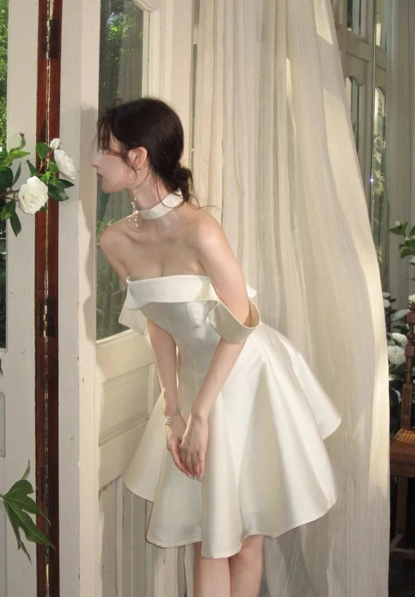 Elegant A-Line Off-Shoulder Draped Ivory Short Homecoming Dress for Women