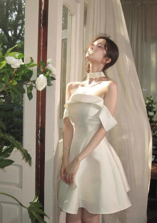 Elegant A-Line Off-Shoulder Draped Ivory Short Homecoming Dress for Women