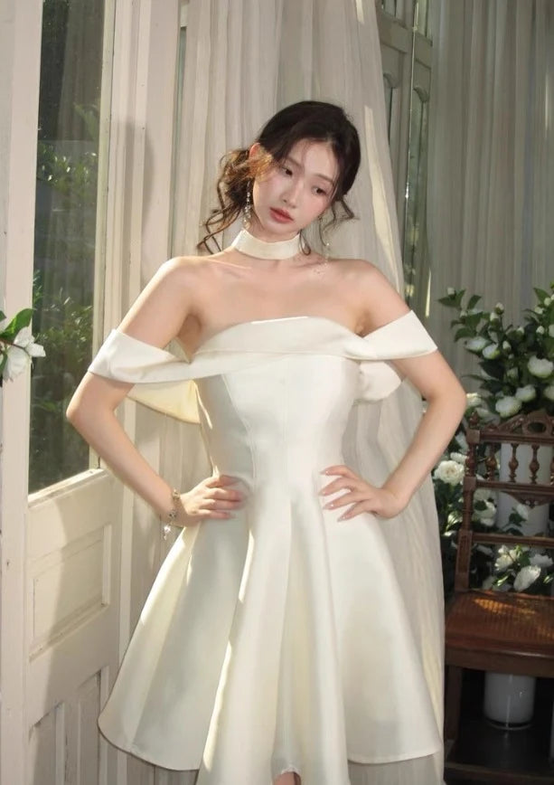 Elegant A-Line Off-Shoulder Draped Ivory Short Homecoming Dress for Women