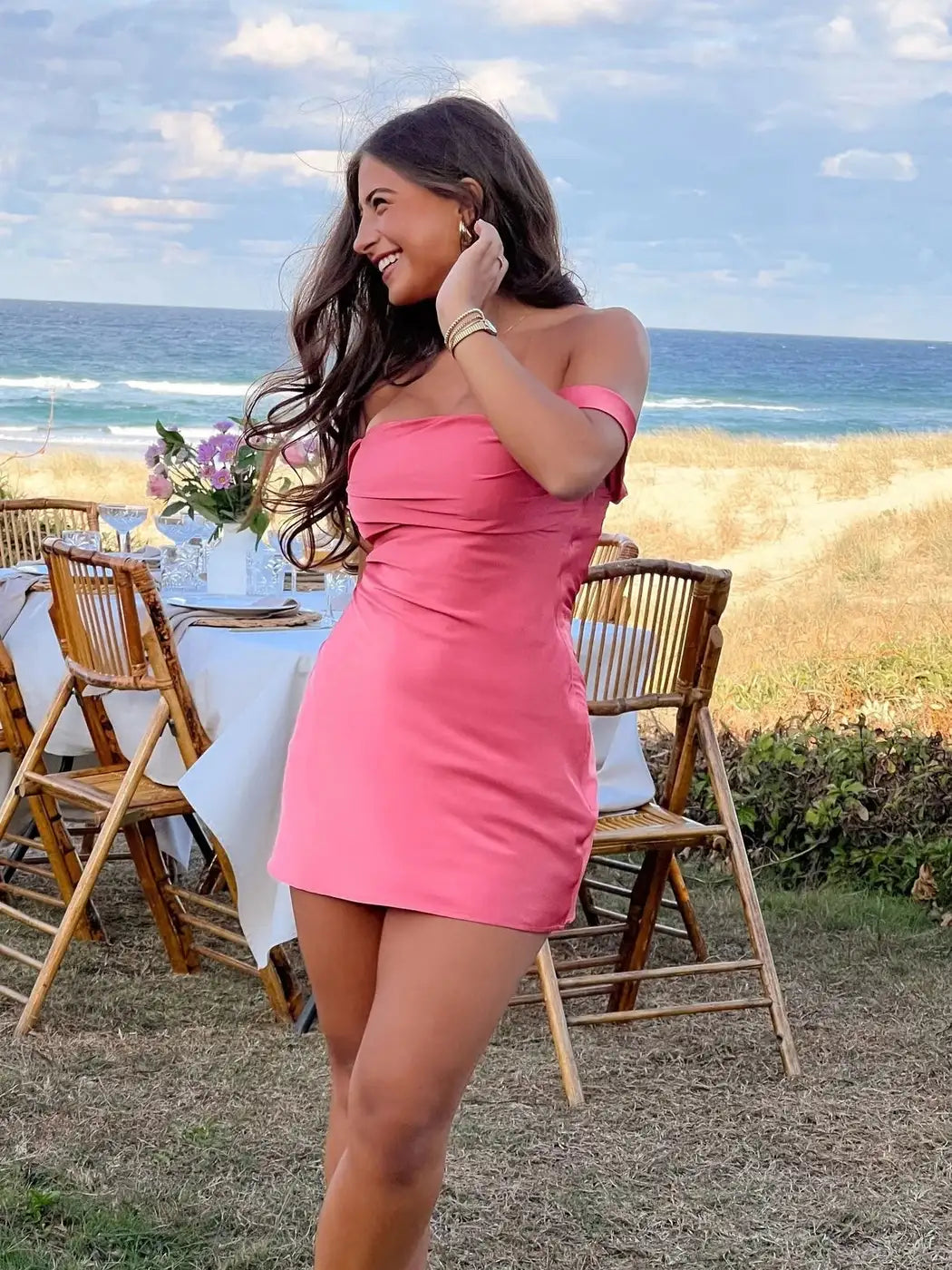 Elegant A-Line Off-Shoulder Draped Pink Mini Homecoming Dress Women's