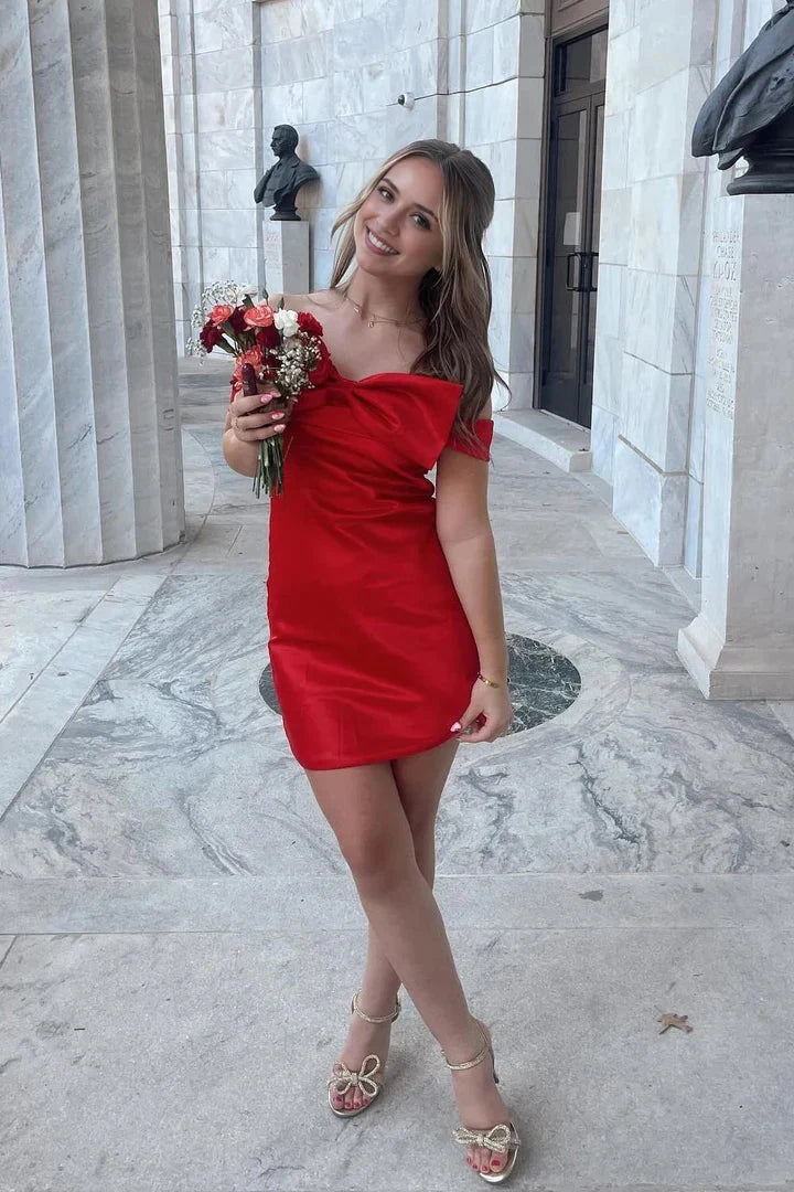 Elegant A-Line Off-Shoulder Draped Red Mini Homecoming Bow-Back Dress