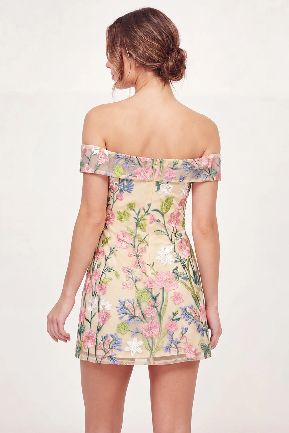 Elegant A-Line Off-Shoulder Embroidered Floral Cream Mini Homecoming Dress for Women