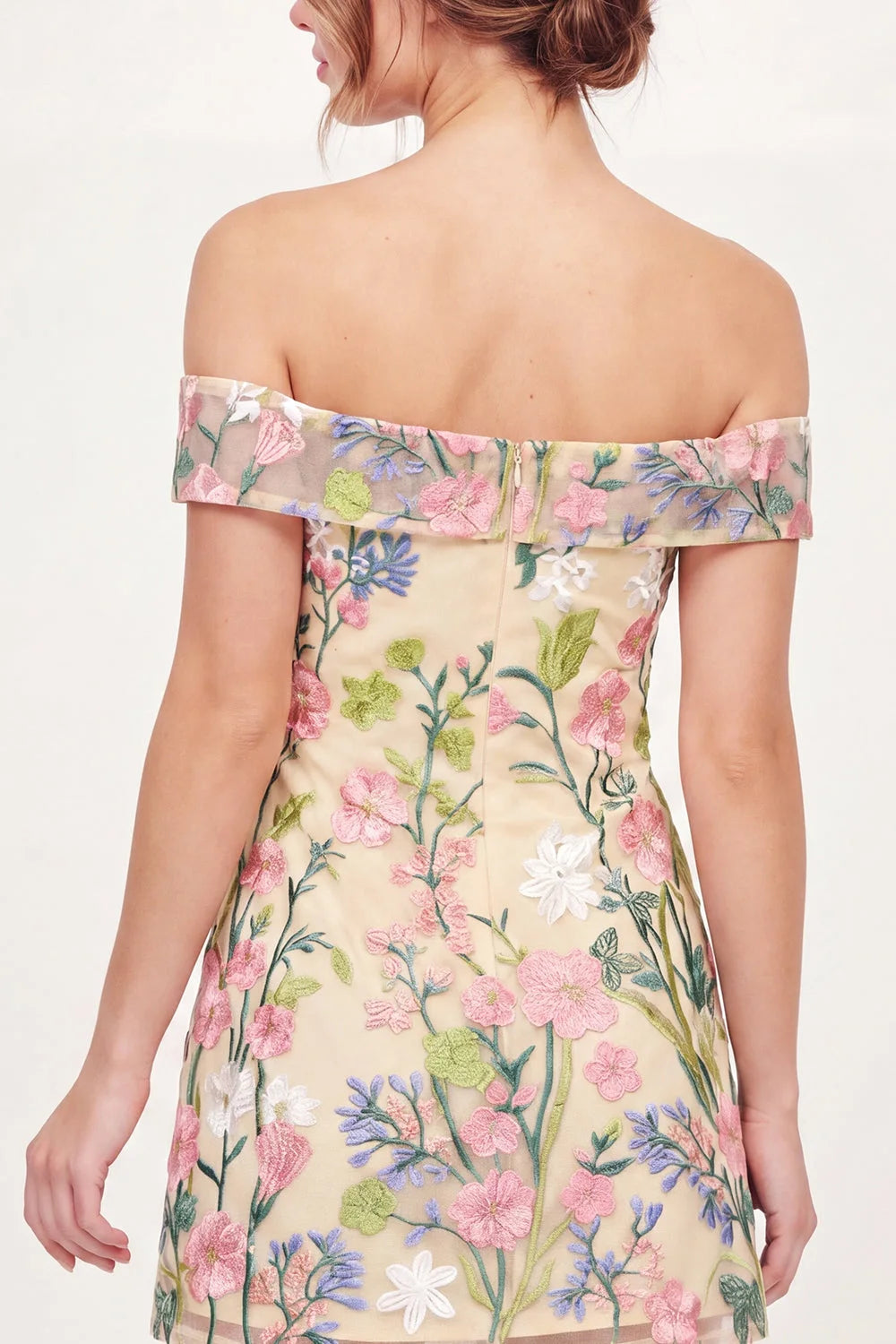 Elegant A-Line Off-Shoulder Embroidered Floral Cream Mini Homecoming Dress for Women