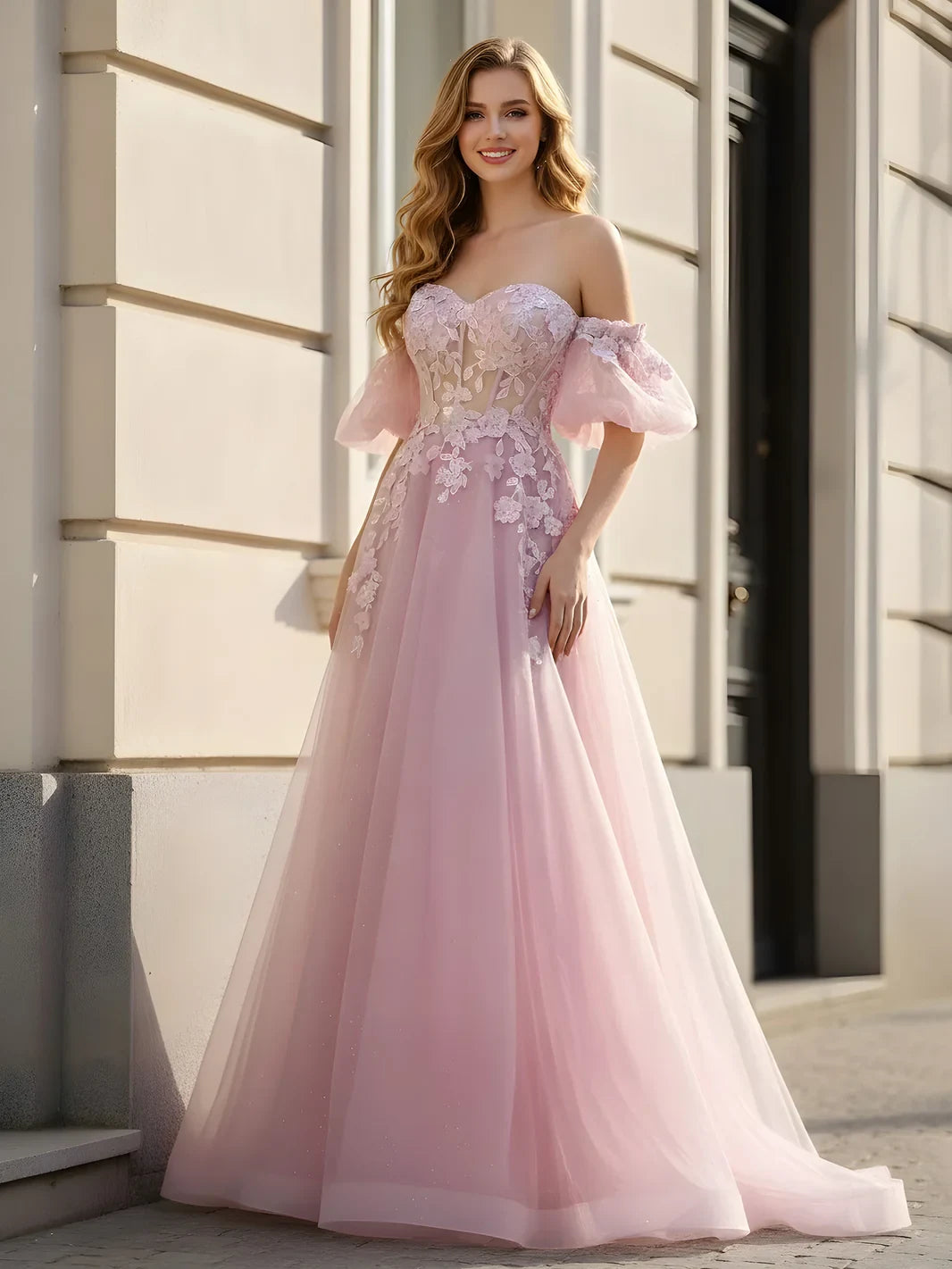 Elegant A-Line Off-Shoulder Floral Tulle Blush Pink Floor-Length Prom Gown