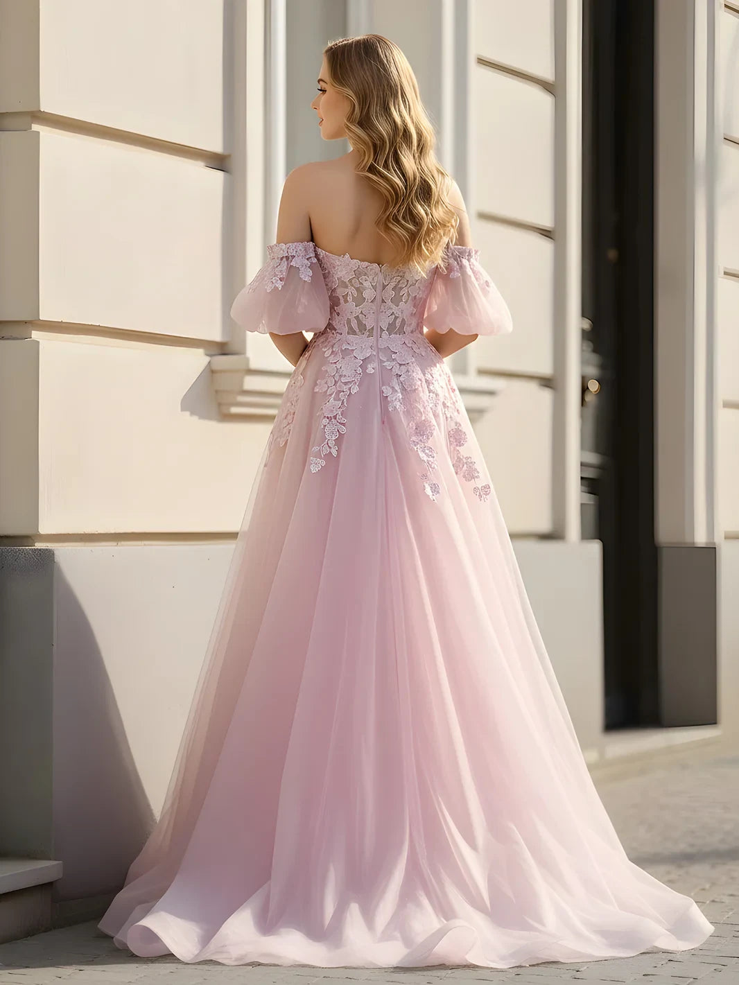 Elegant A-Line Off-Shoulder Floral Tulle Blush Pink Floor-Length Prom Gown