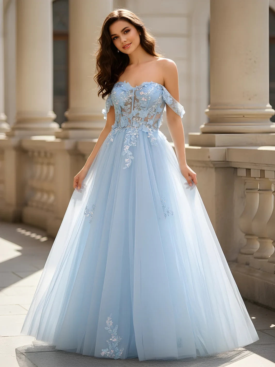 Elegant A-Line Off-Shoulder Floral Tulle Sky Blue Floor-Length Prom Gown