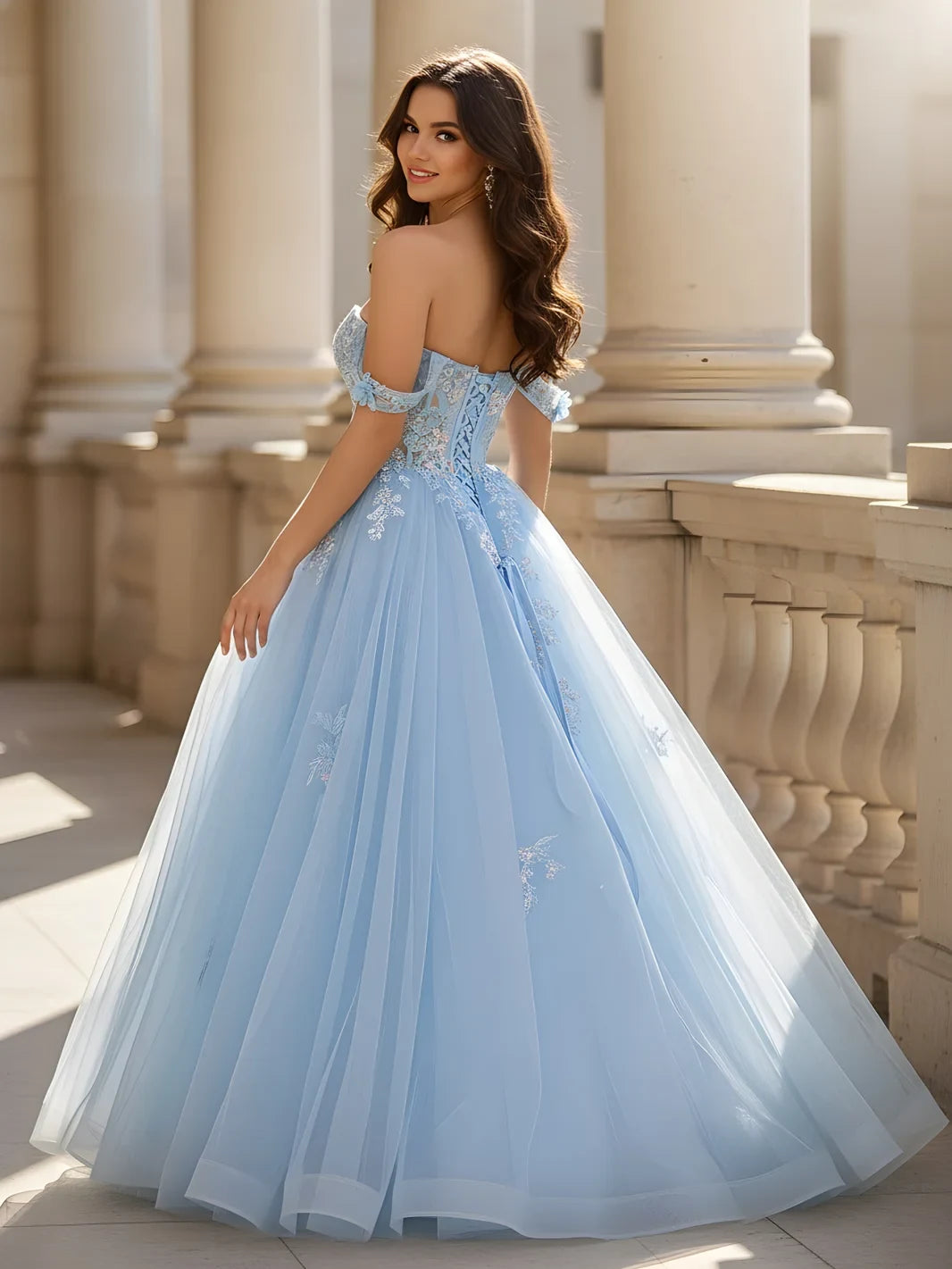 Elegant A-Line Off-Shoulder Floral Tulle Sky Blue Floor-Length Prom Gown