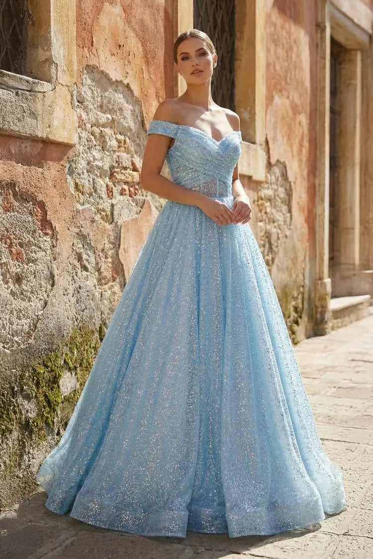 Elegant A-Line Off-Shoulder Glitter Lace-Up Light Blue Floor-Length Prom Gown