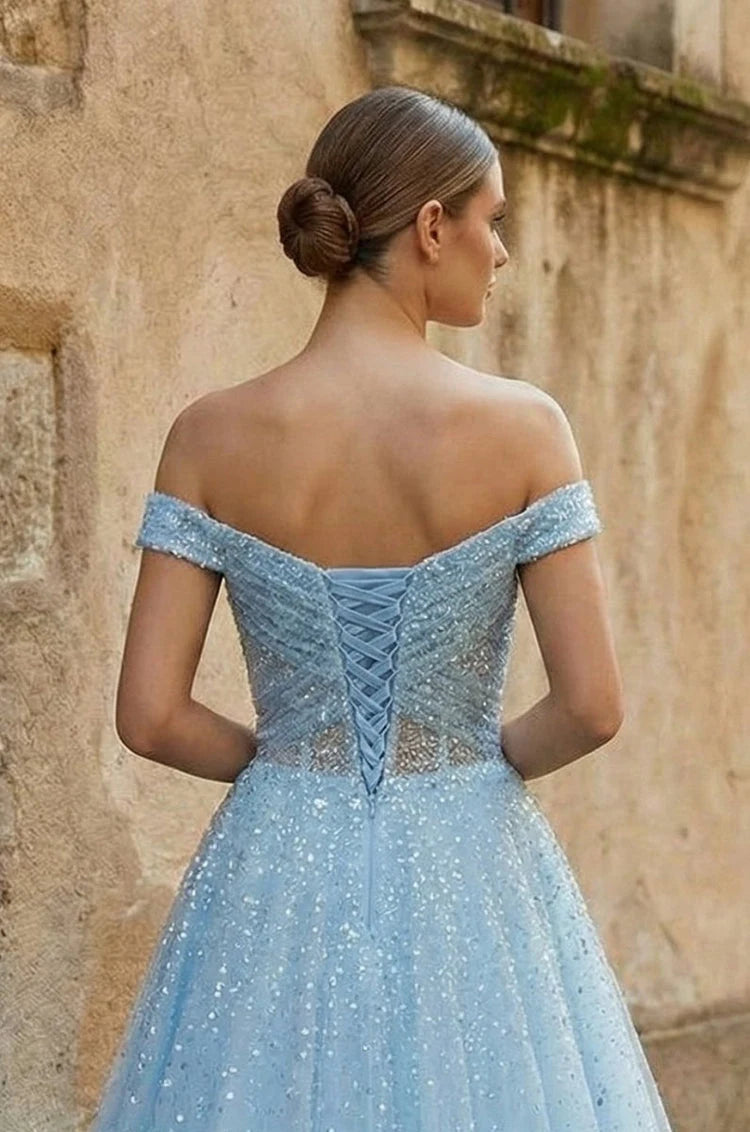 Elegant A-Line Off-Shoulder Glitter Lace-Up Light Blue Floor-Length Prom Gown