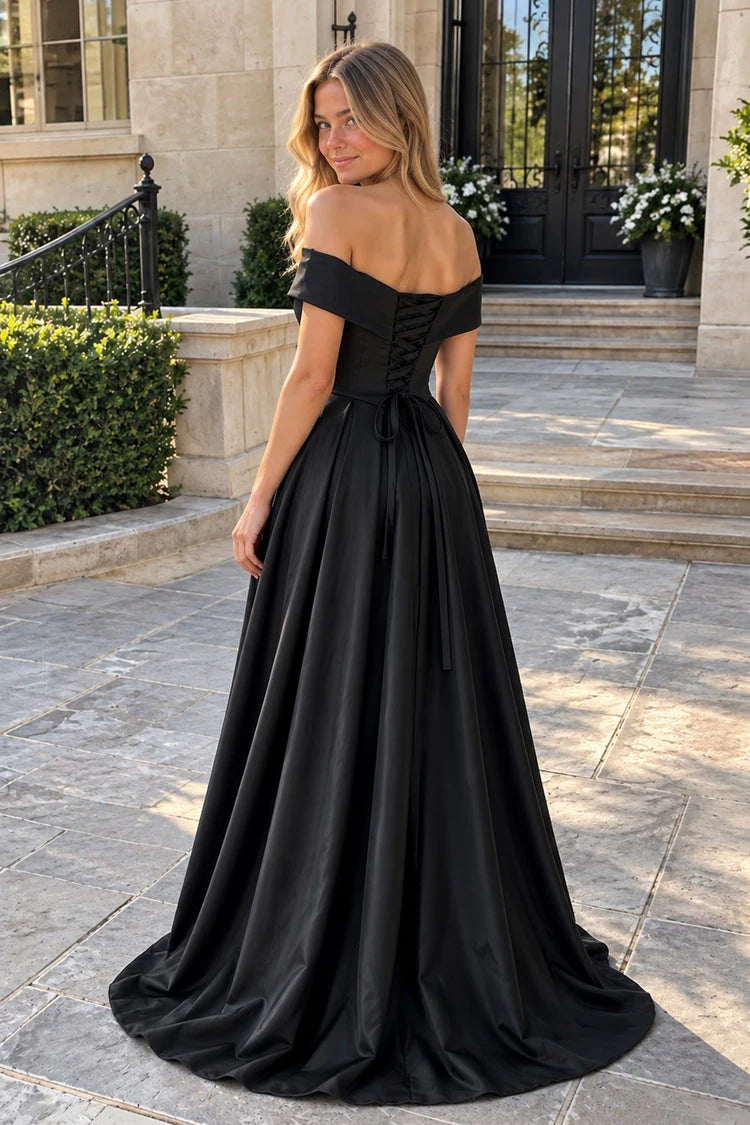 Elegant A-Line Off-Shoulder High Slit Black Floor-Length Prom Gown