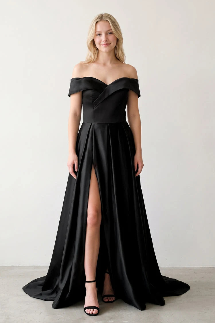 Elegant A-Line Off-Shoulder High Slit Black Floor-Length Prom Gown