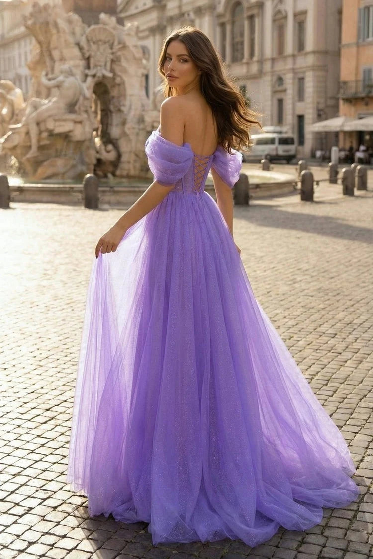 Elegant A-Line Off-Shoulder High Slit Sparkling Lavender Floor-Length Prom Dresses Gown