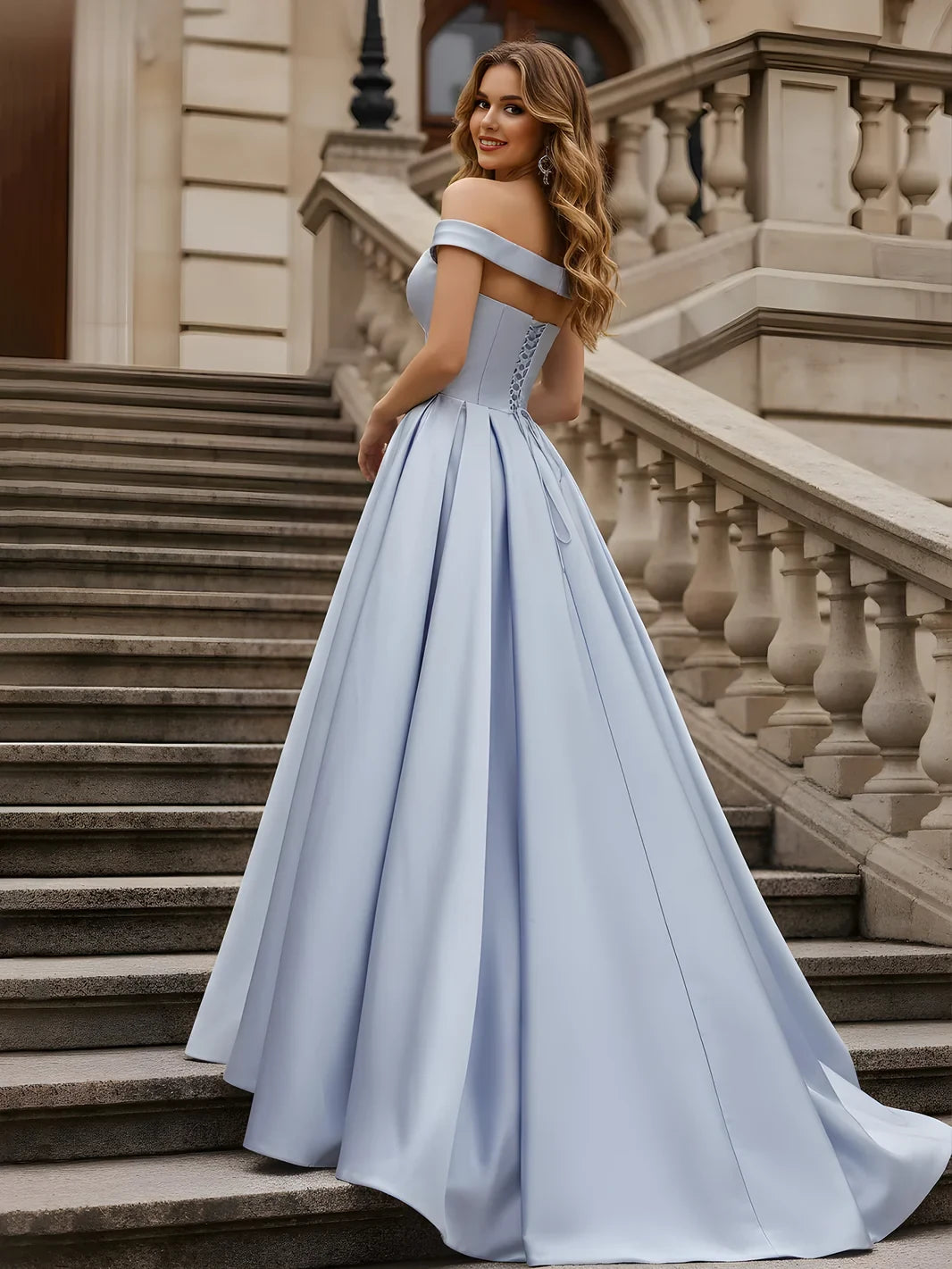 Elegant A-Line Off-Shoulder Pleated Corset Light Blue Floor-Length Prom Dress