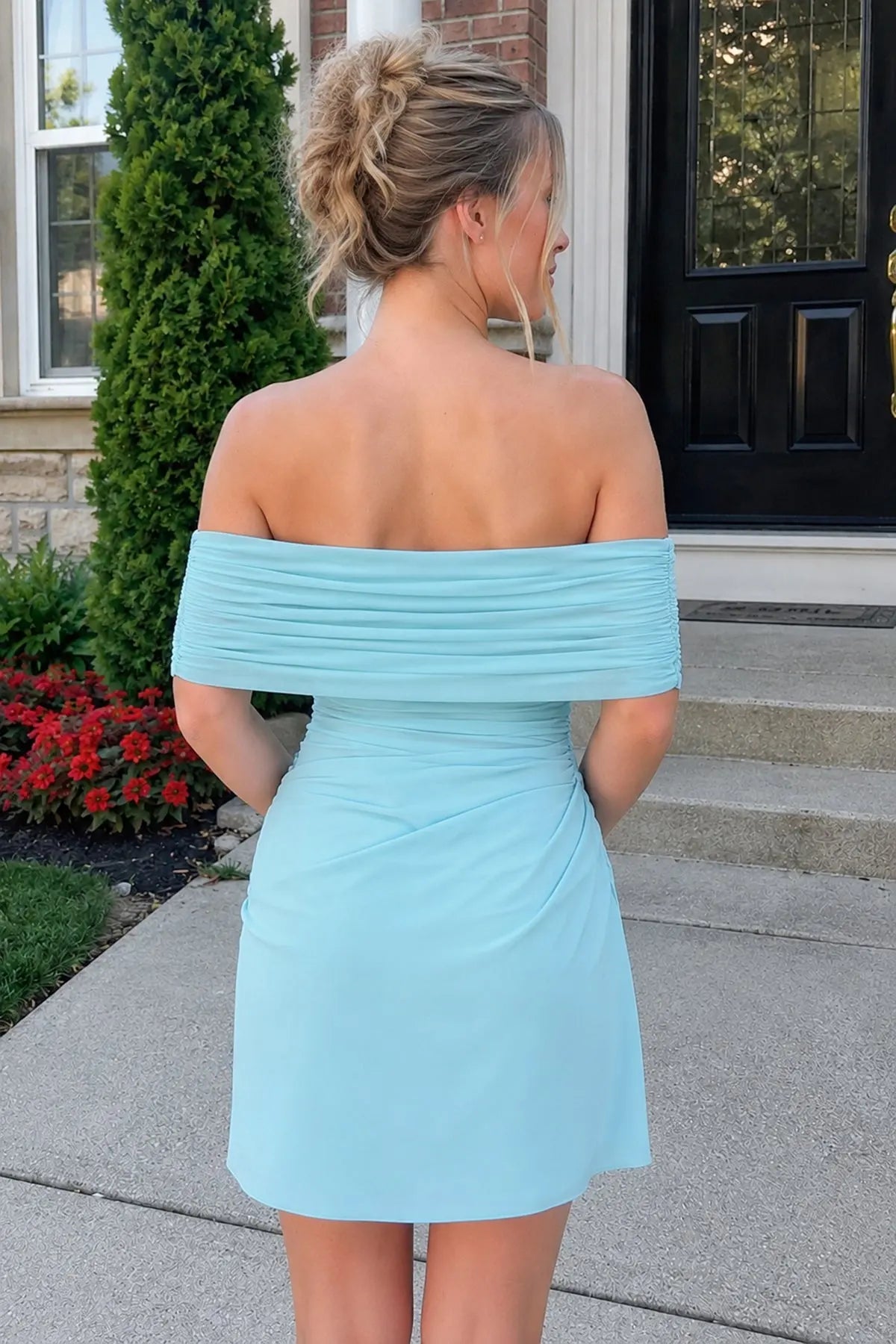 Elegant A-Line Off-Shoulder Ruched Draped Aqua Mini Homecoming Dress Women's