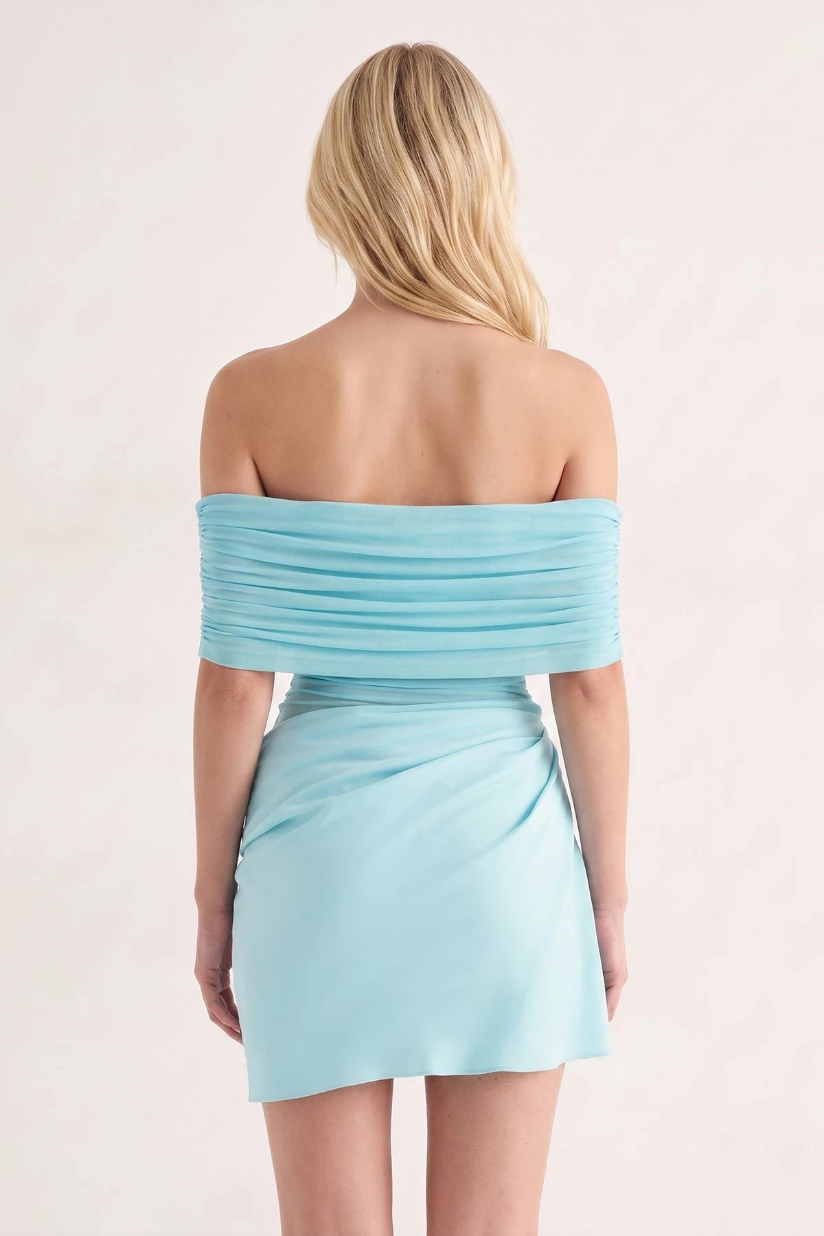 Elegant A-Line Off-Shoulder Ruched Draped Aqua Mini Homecoming Dress Women's
