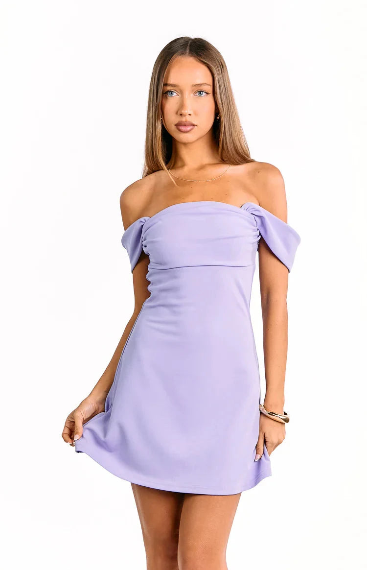 Elegant A-Line Off-Shoulder Ruched Mini Lavender Homecoming Dress Women
