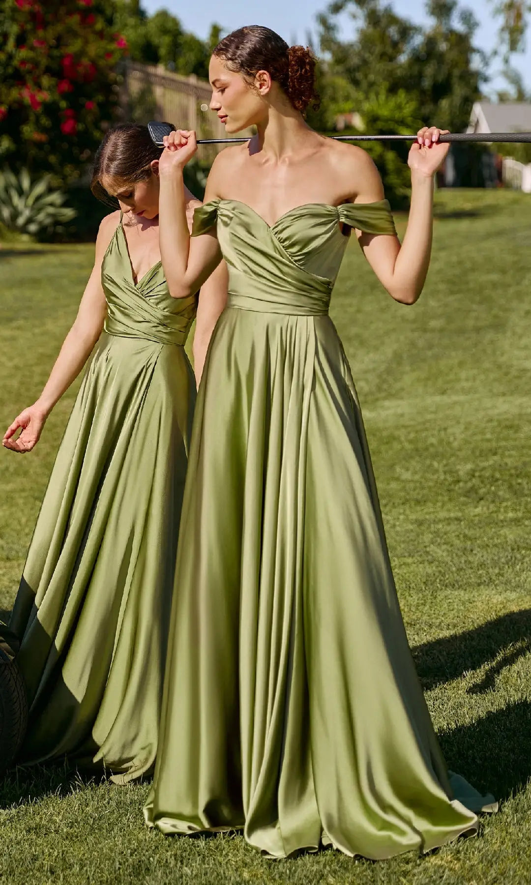 Elegant A-Line Off-Shoulder Ruched Olive Green Floor-Length Prom Gown