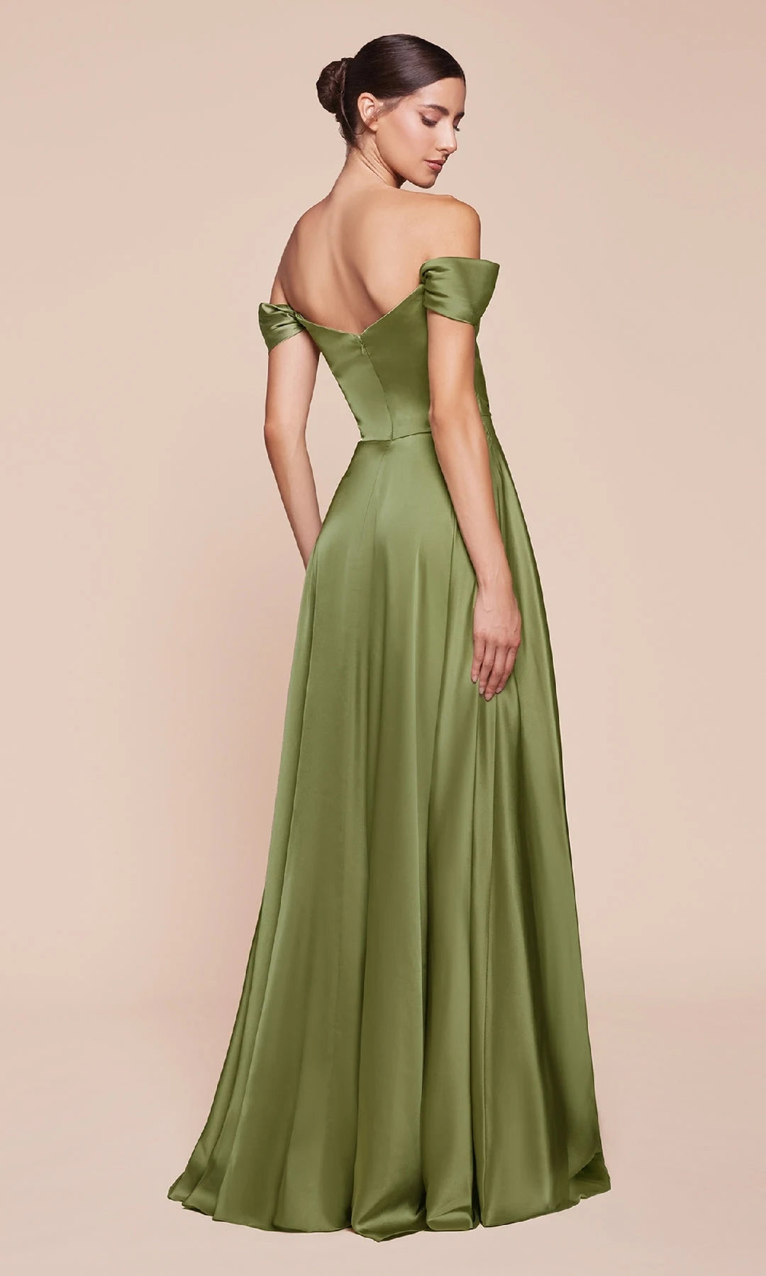 Elegant A-Line Off-Shoulder Ruched Olive Green Floor-Length Prom Gown