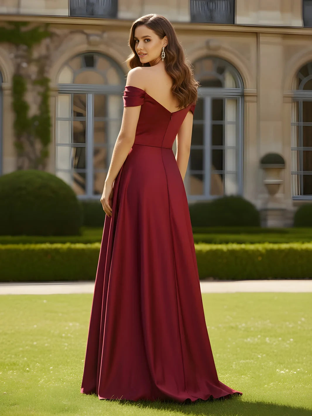 Elegant A-Line Off-Shoulder Ruched Slit Burgundy Floor-Length Prom Dresses Women's Gown