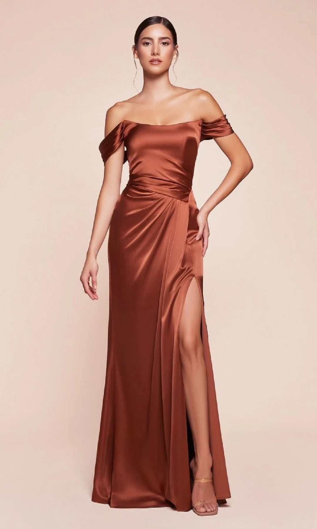 Elegant A-Line Off-Shoulder Ruched Slit Rust Brown Floor-Length Prom Dress Gown