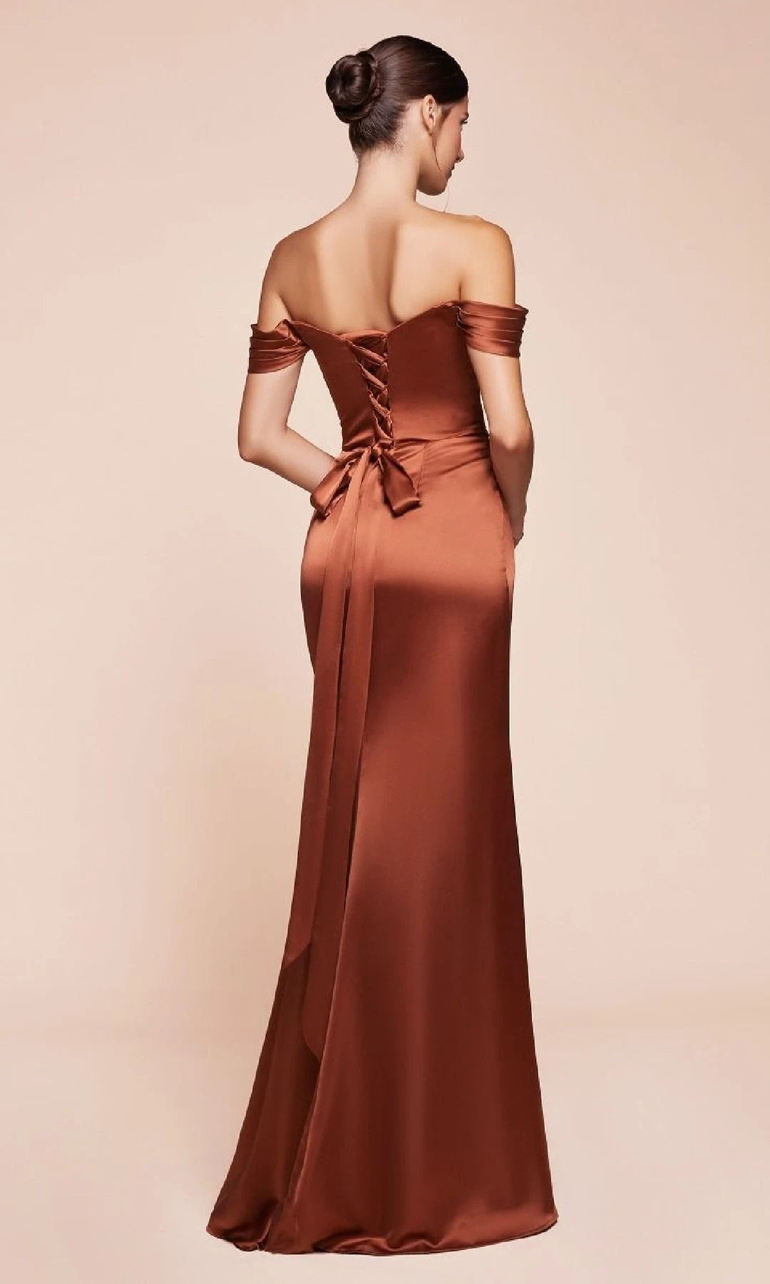 Elegant A-Line Off-Shoulder Ruched Slit Rust Brown Floor-Length Prom Dress Gown