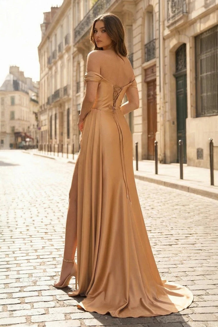 Elegant A-Line Off-Shoulder Ruched Sparkle Golden Floor-Length Prom Dresses Women Gown