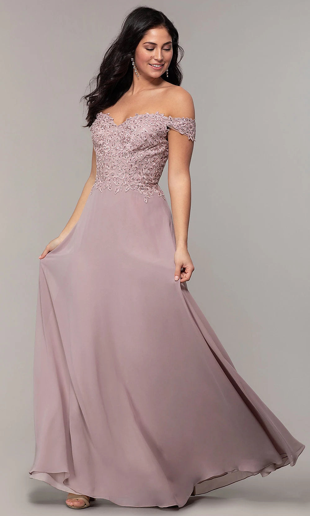 Elegant A-Line Off-Shoulder Short Sleeve Floral Dusty Pink Maxi Prom Dresses For Women