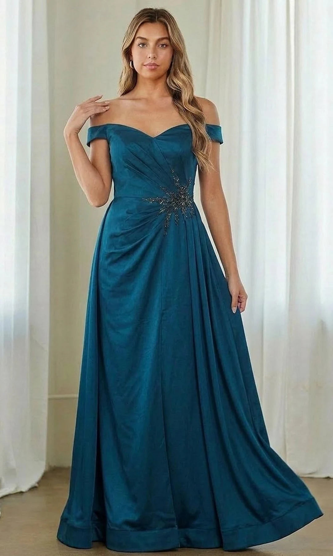 Elegant A-Line Off-Shoulder Short Sleeve Pleated Beaded Teal Floor Length Prom Dresses For Women