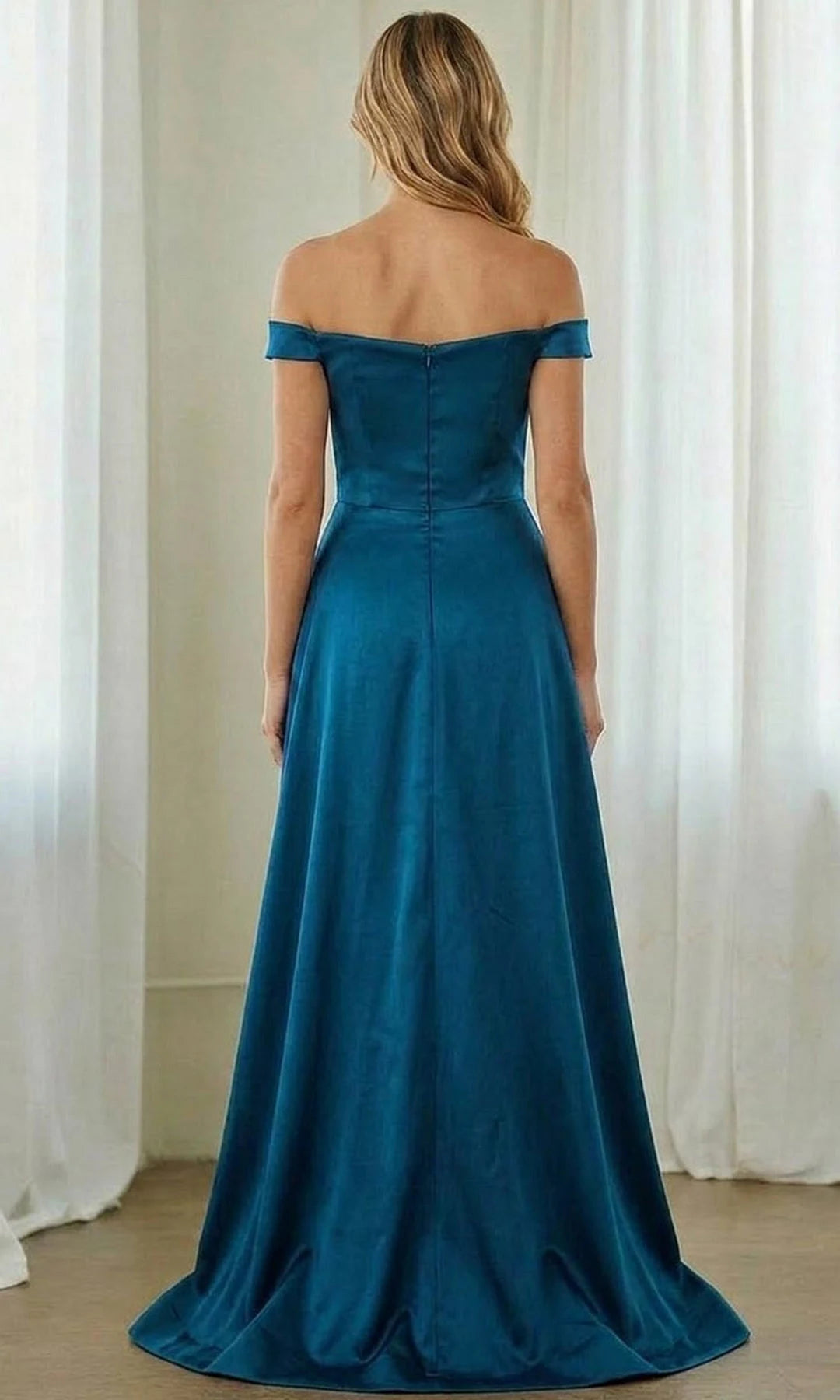 Elegant A-Line Off-Shoulder Short Sleeve Pleated Beaded Teal Floor Length Prom Dresses For Women