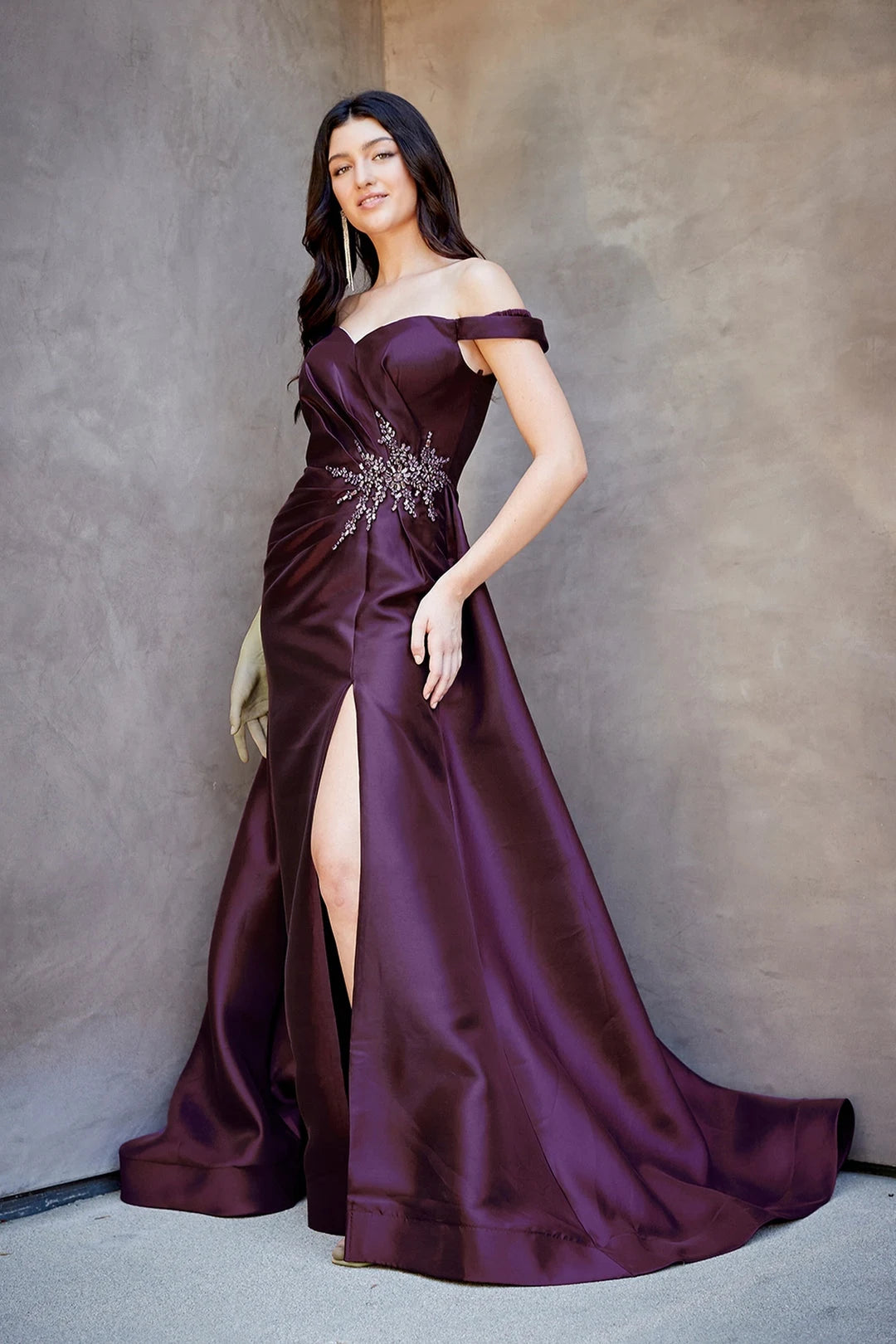 Elegant A-Line Off-Shoulder Sleeveless Pleated Slit Plum Long Prom Dresses Women Gown