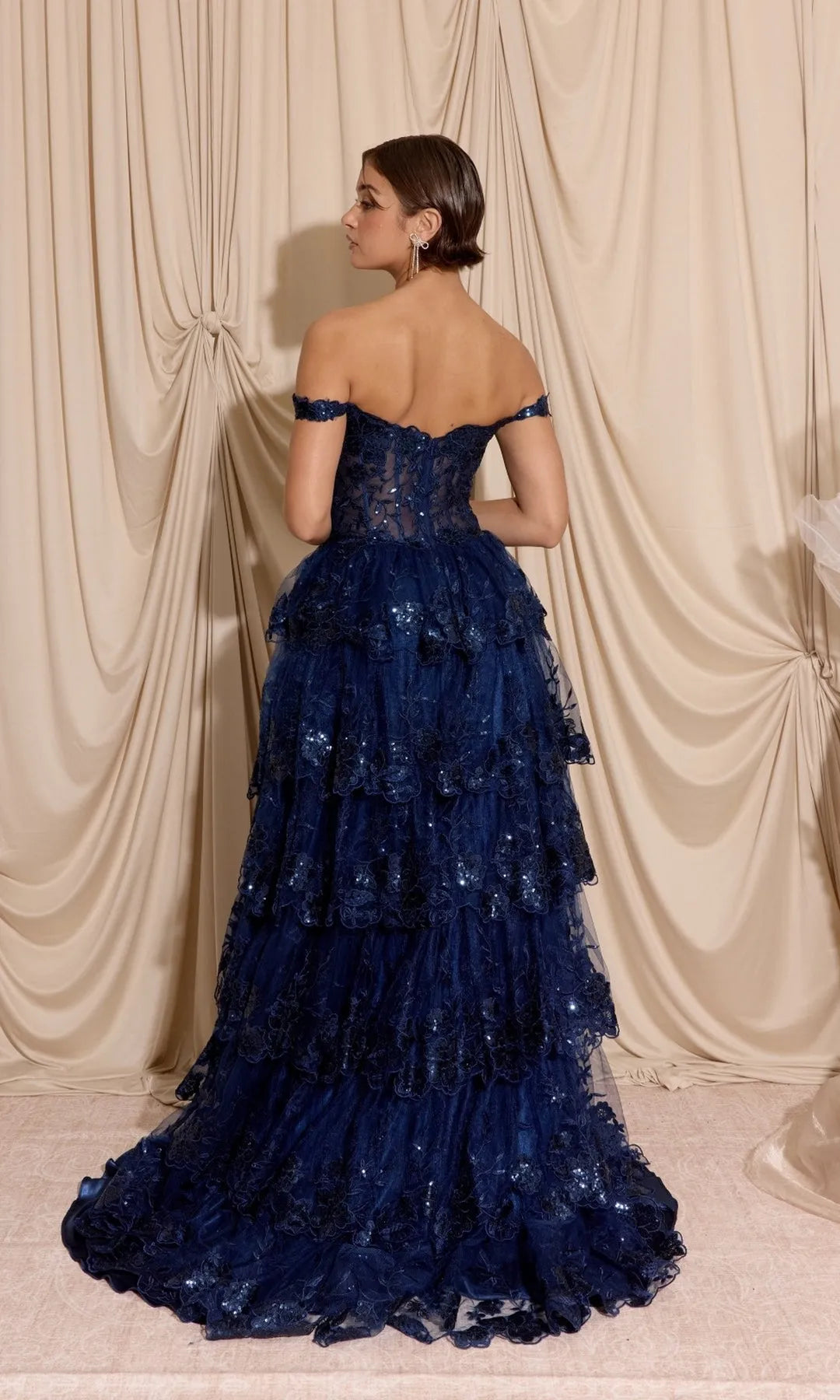 Elegant A-Line Off-Shoulder Sleeveless Tiered Slit Navy Maxi Prom Dresses