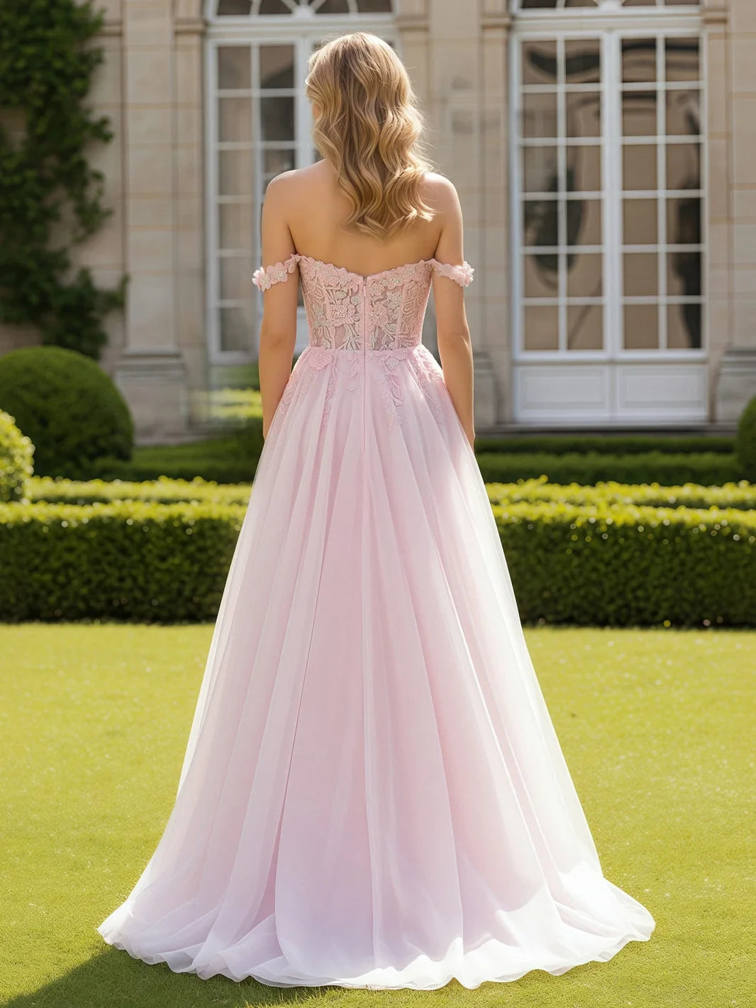 Elegant A-Line Off-Shoulder Sweetheart Floral Pink Floor-Length Prom Dress Gown