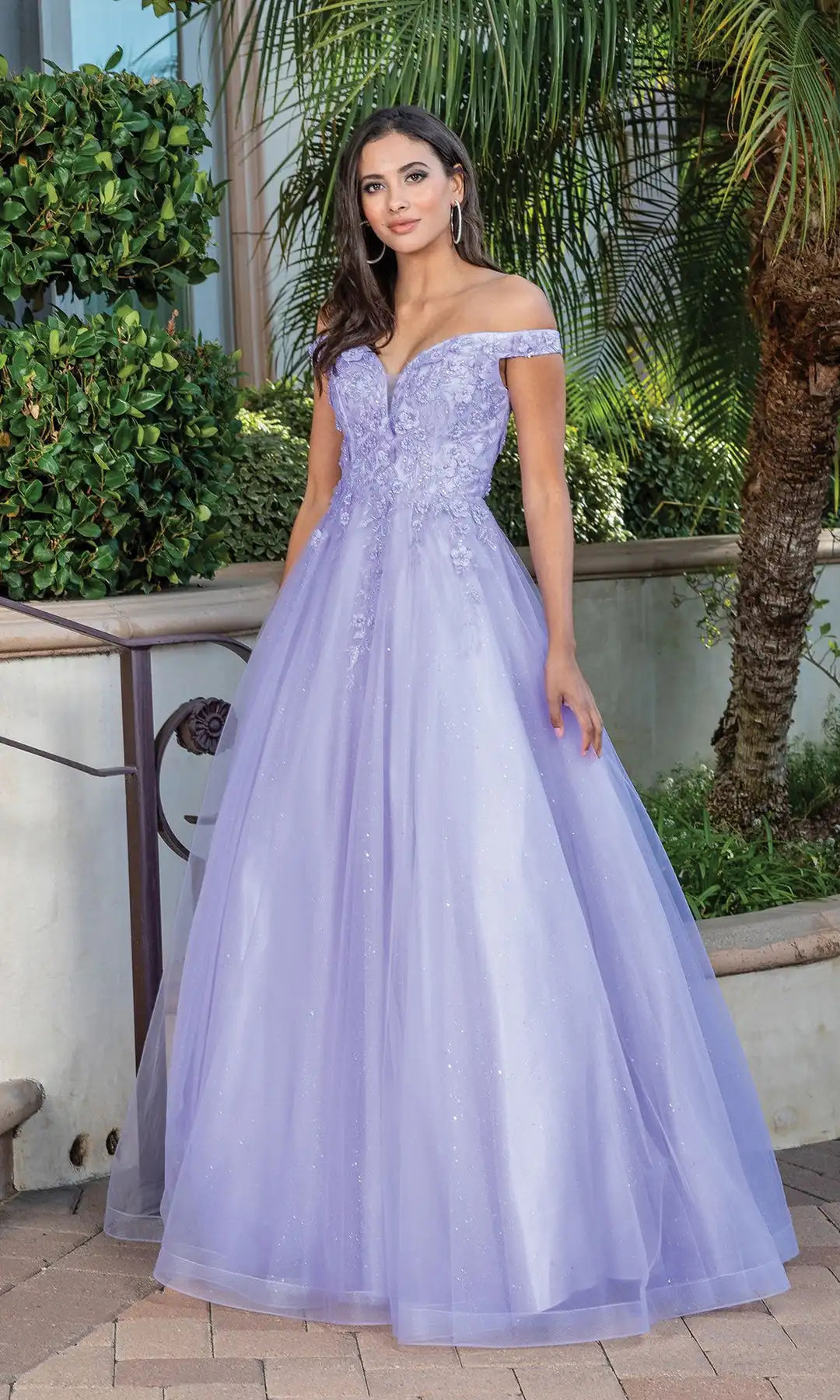 Elegant A-Line Off-Shoulder Sweetheart Lace Glitter Lavender Floor-Length Prom Gown