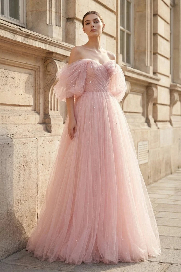 Elegant A-Line Off-Shoulder Sweetheart Puffy Sleeves Glitter Blush Pink Floor-Length Prom Dress