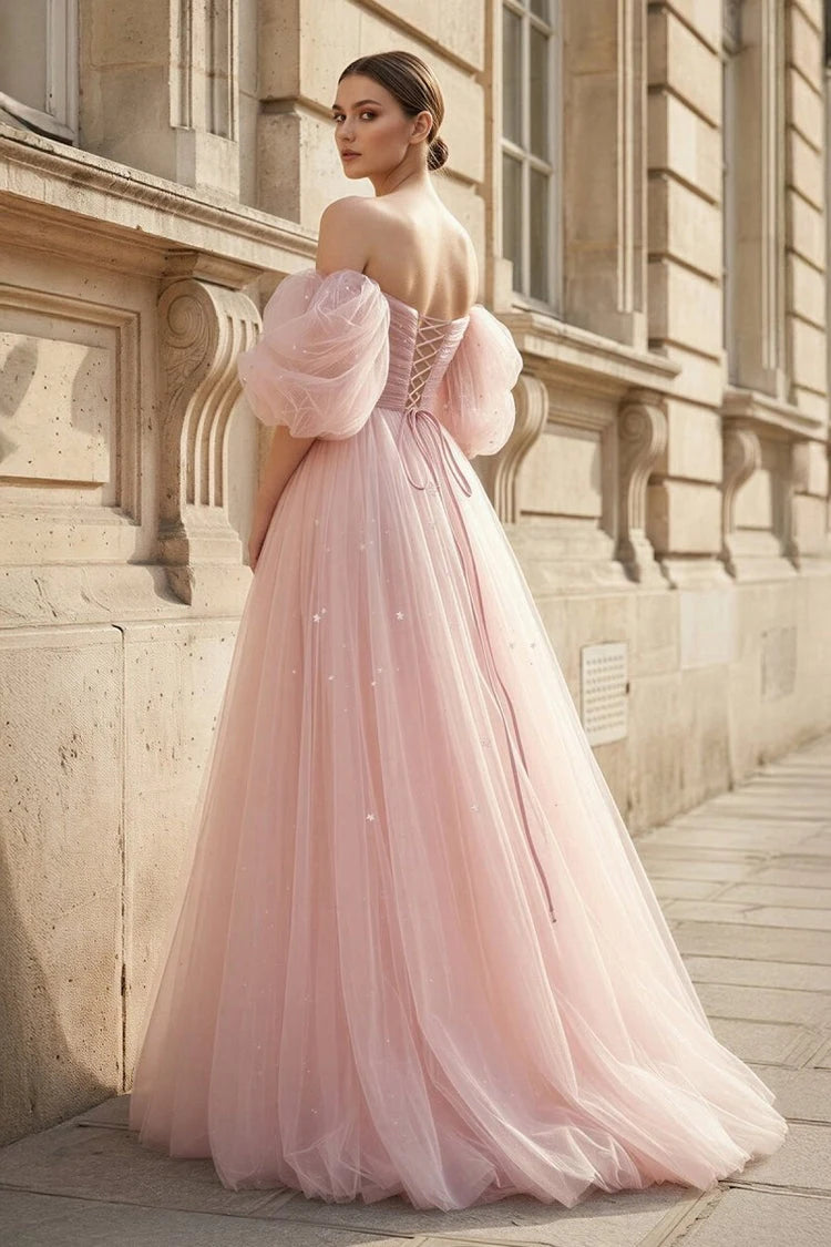 Elegant A-Line Off-Shoulder Sweetheart Puffy Sleeves Glitter Blush Pink Floor-Length Prom Dress