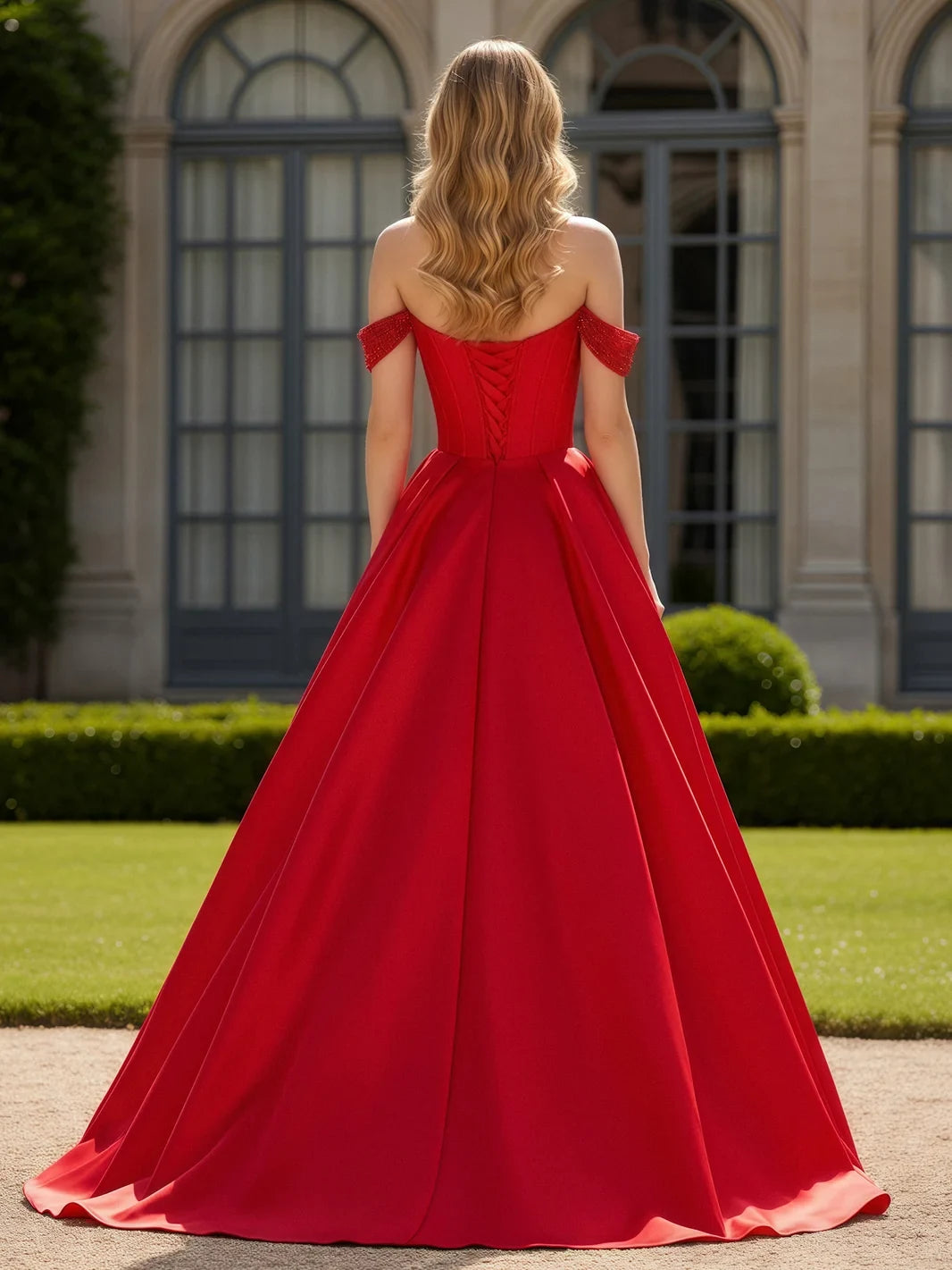 Elegant A-Line Off-Shoulder Sweetheart Sophisticated Vibrant Red Floor-Length Prom Dress Gown