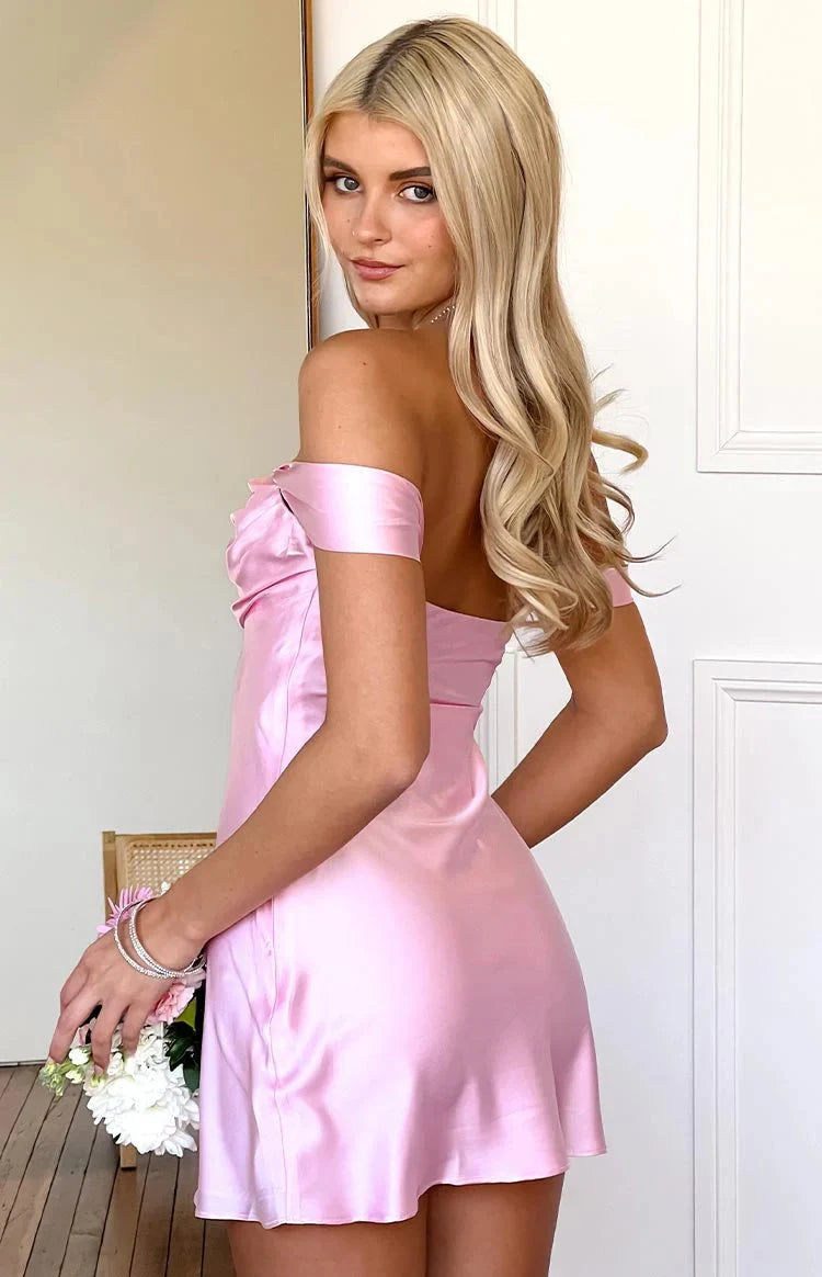 Elegant A-Line Off-Shoulder With Sleeves Draped Blush Pink Mini Homecoming Dress