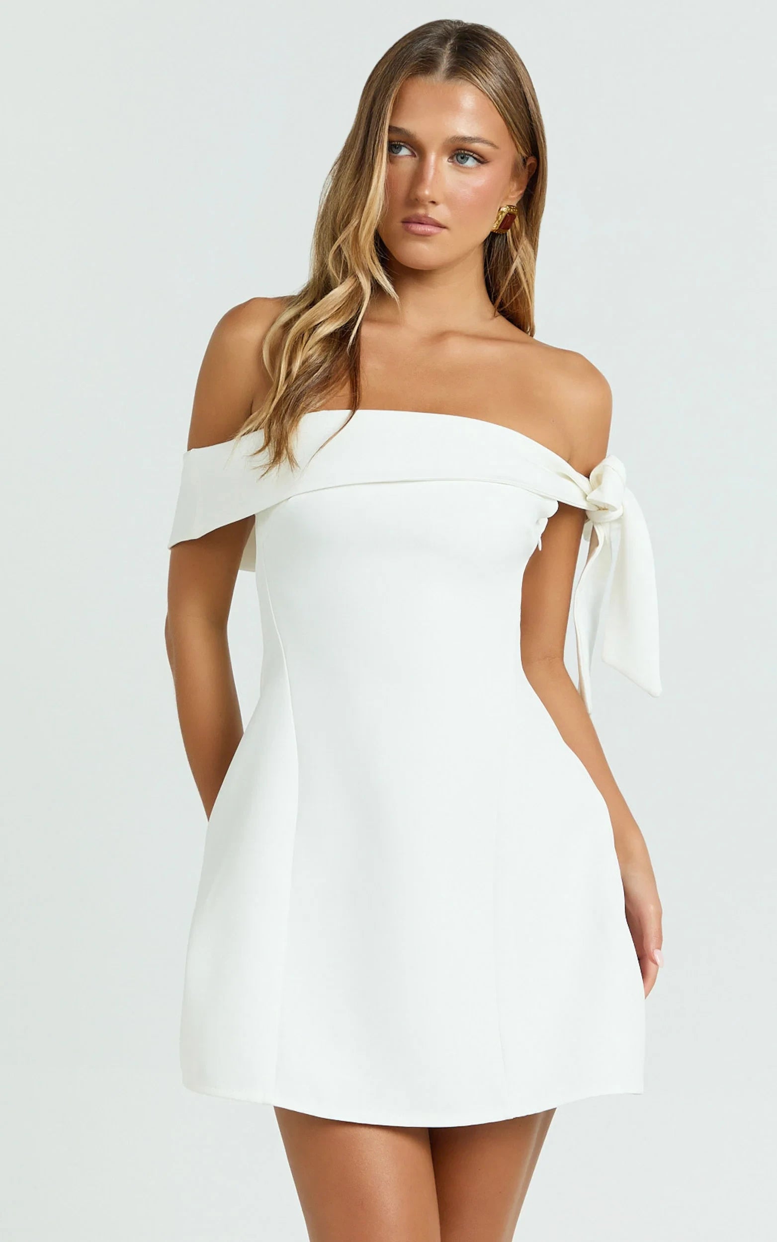 Elegant A-Line Off-the-Shoulder Tie-Detail Mini Homecoming Dress with a Sleek Back