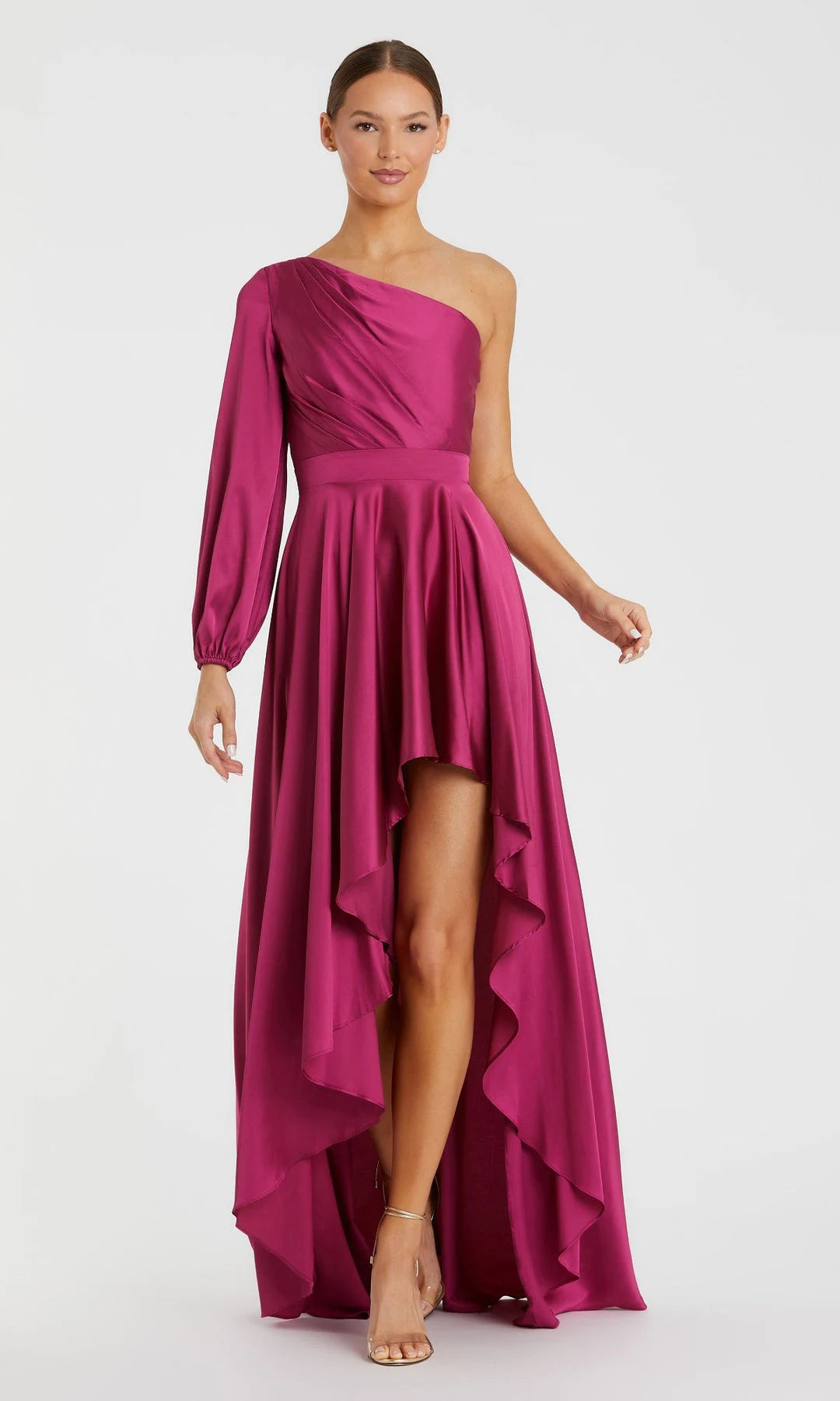 Elegant A-Line One-Shoulder Long-Sleeve Ruched Magenta High-Low Prom Dresses Women Gown
