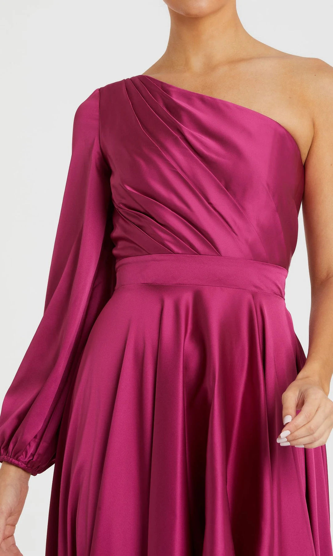 Elegant A-Line One-Shoulder Long-Sleeve Ruched Magenta High-Low Prom Dresses Women Gown